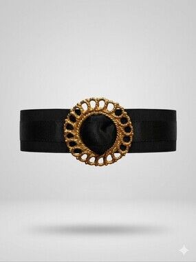 VTG 80s Ginnie Johansen Black Grosgrain Bow Barrette Gold Filigree Made France
